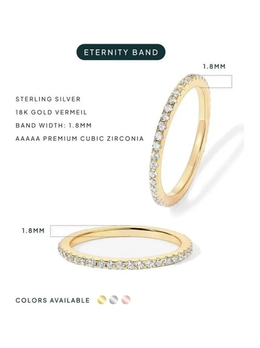 14K Gold Plated Sterling Silver CZ Eternity Stackable Ring Thin Wedding Band Wom